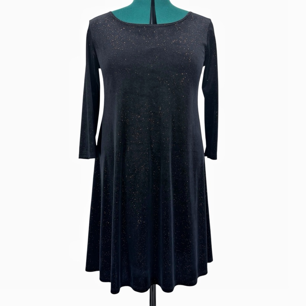 LBisse Black Velvet Sparkly 3/4 Sleeve A-Line Dress, Medium